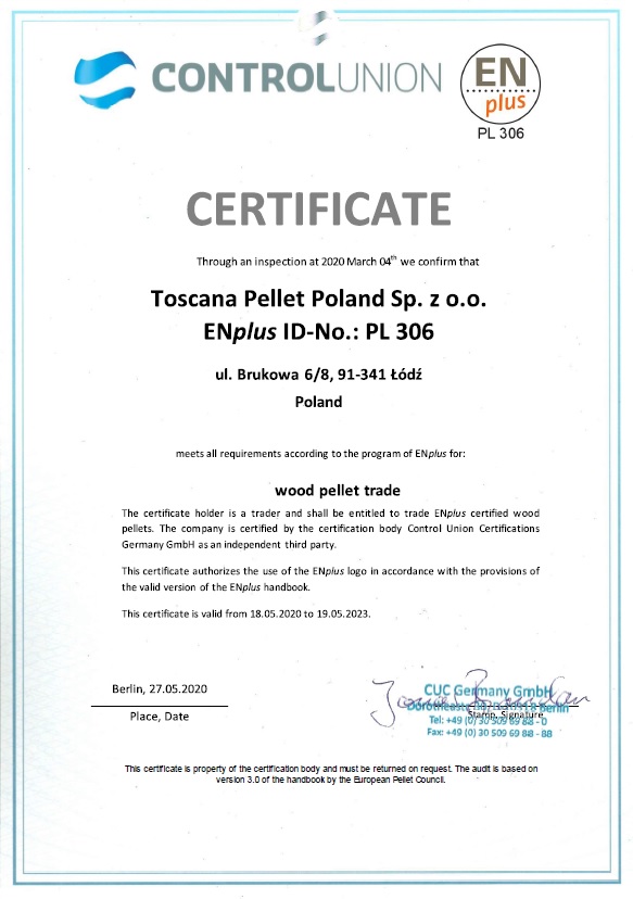 Odświeżony certyfikat ENplus A1 dla Toscanapellet Poland